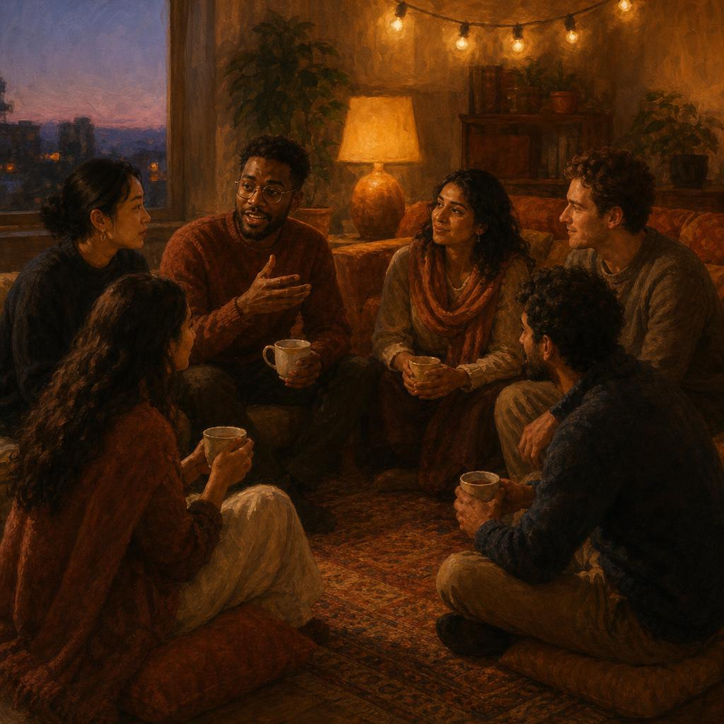 A warm, lamp-lit living room with friends in conversation around a low table.
