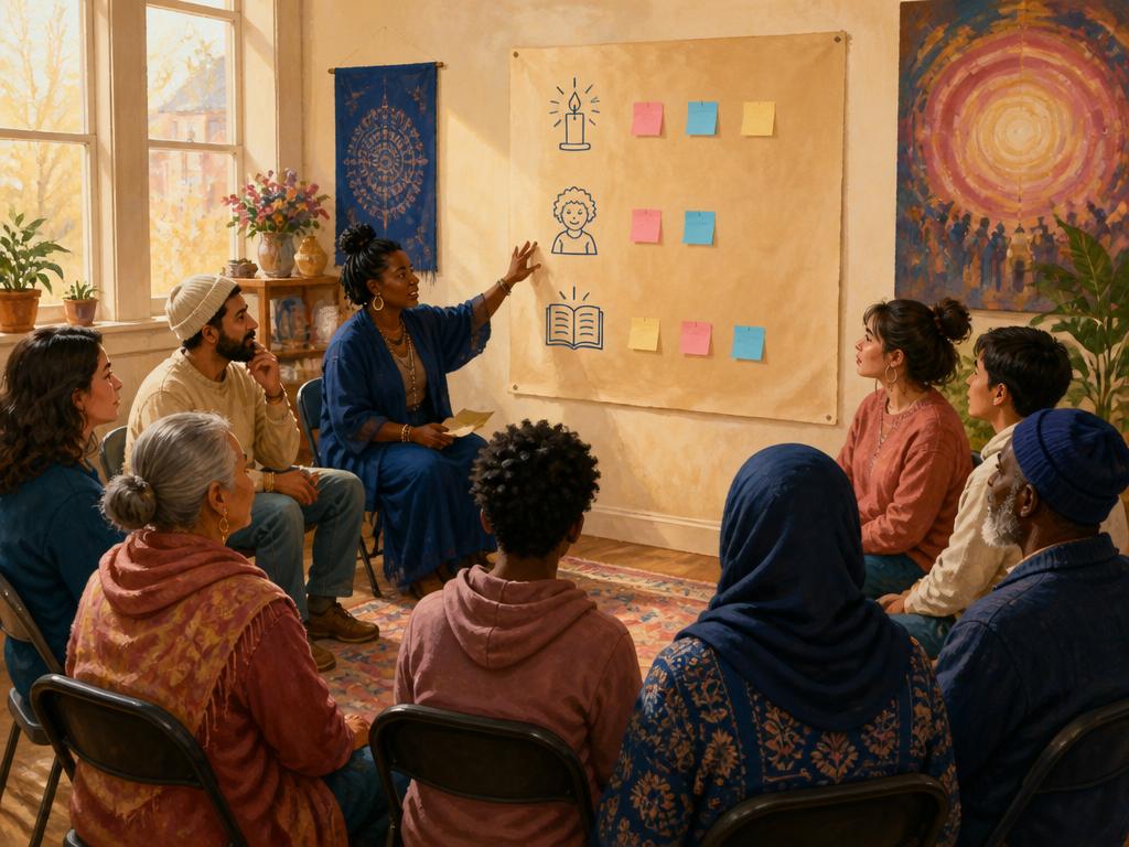 A circle of adults seated outdoors with notebooks, sharing reflections in afternoon light.